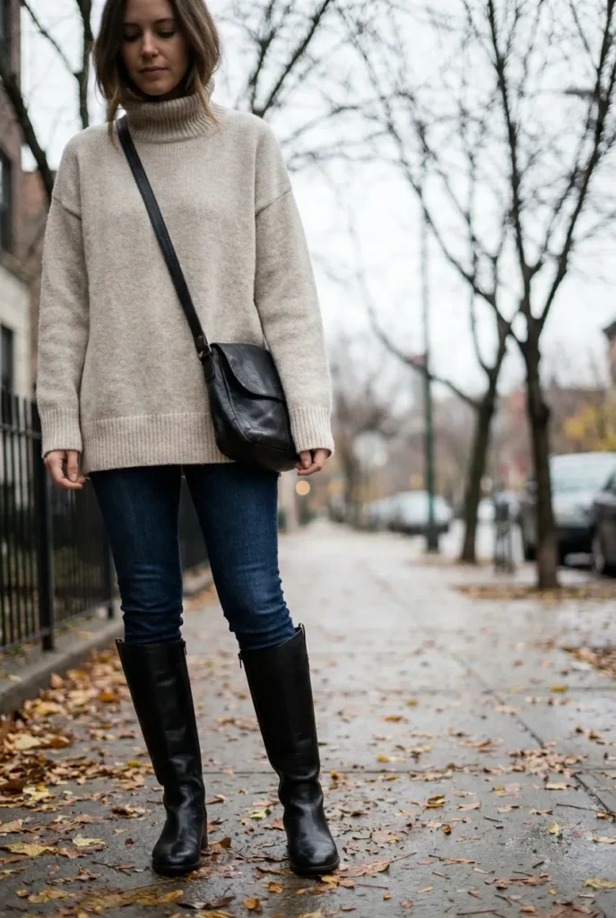 Slim jeans tucked into tall black boots with an oversized oatmeal sweater.