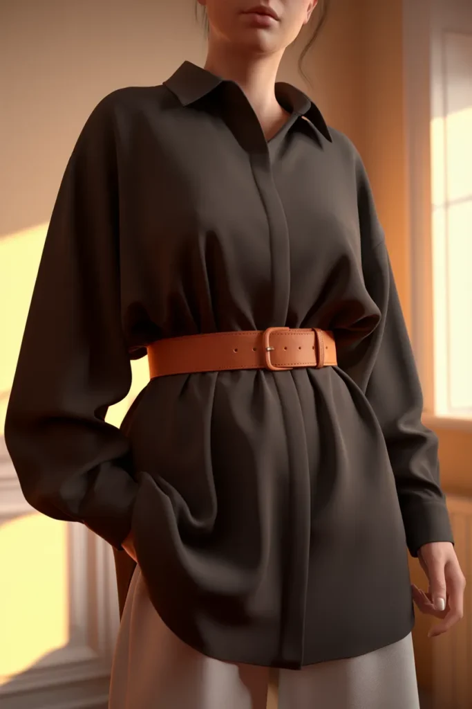Slim tan belt cinching an oversized black shirt at the waist to create an hourglass shape.
