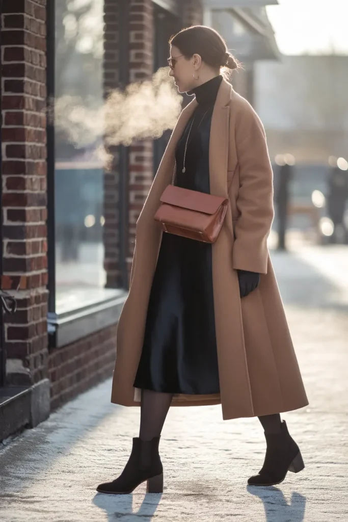 Slip dress layered over a turtleneck with a wool coat, a winter layering formula from a year round capsule