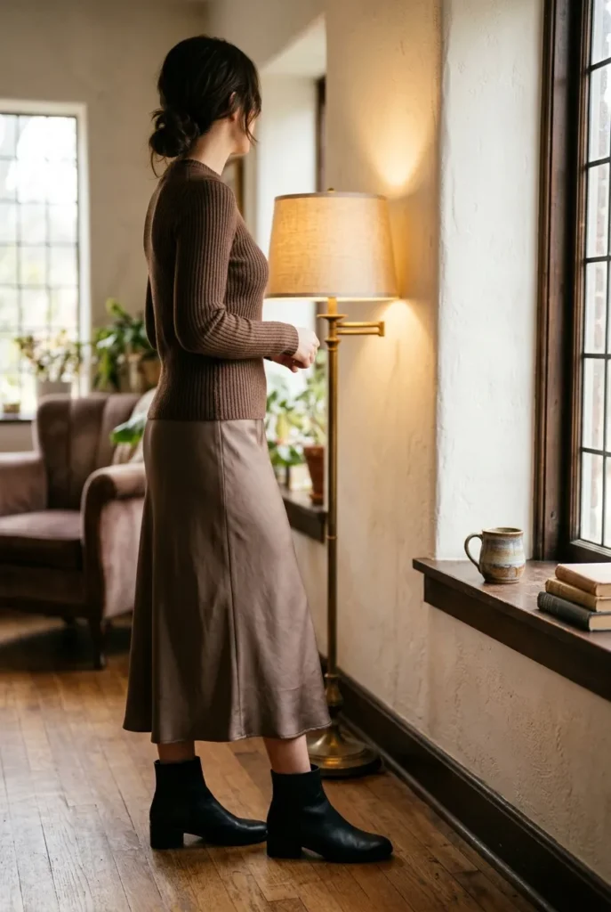 Slip dress layered under a sweater with black ankle boots for fall styling