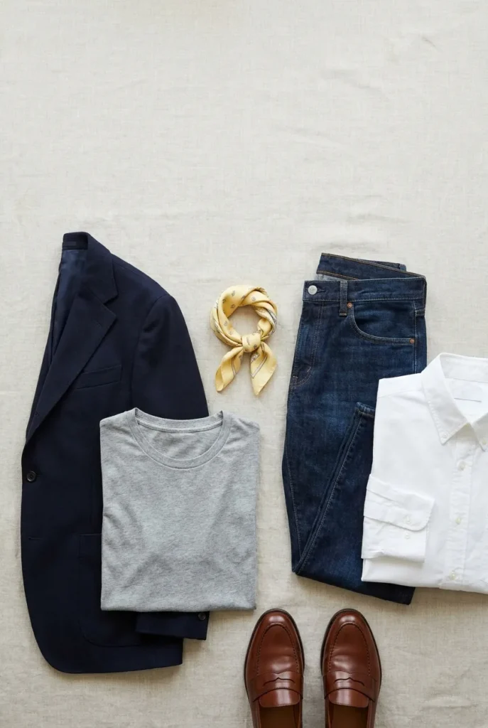 Smart casual capsule flat-lay with navy blazer, knit tee, dark jeans, and leather loafers.