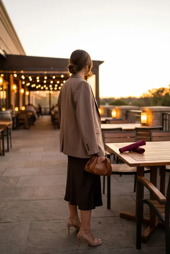 Smart casual dinner outfit with espresso slip dress, taupe blazer, and heeled sandals.