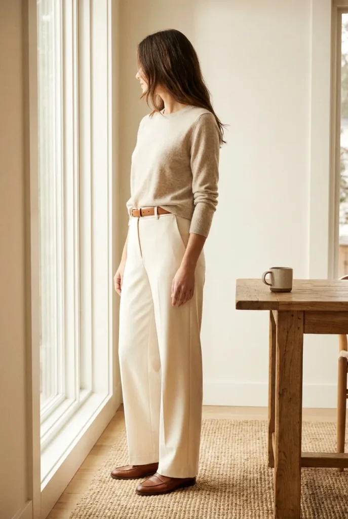 Smart casual formula with cream tailored trousers and a front-tucked knit sweater.