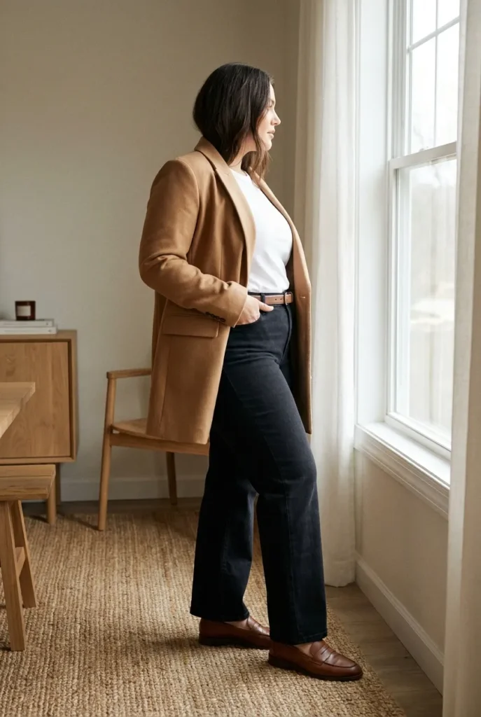 Smart casual outfit for women over 40 with long-line camel blazer, white tee, and wide-leg jeans.