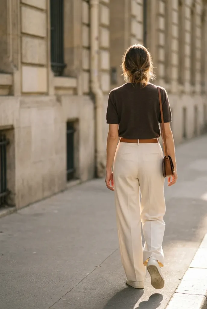 Smart casual outfit for women with cream wide-leg trousers, espresso knit, and leather sneakers.