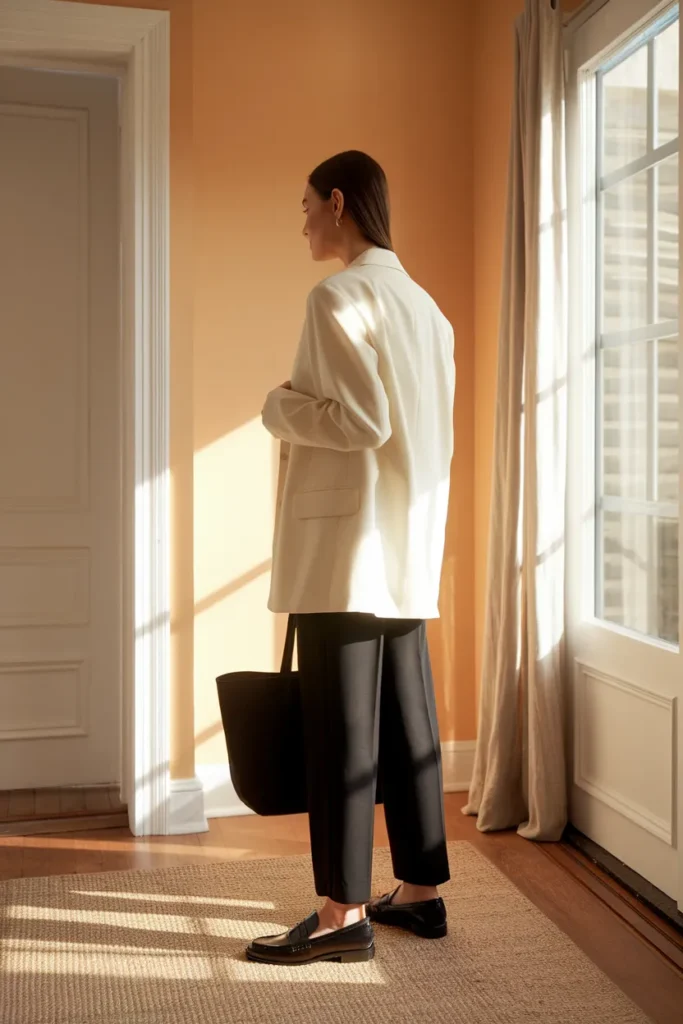 Smart casual outfit with black penny loafers, dark trousers, and an ivory blazer
