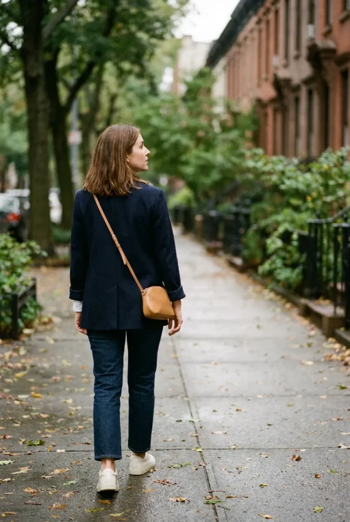 Smart casual outfit with navy blazer, white tee, dark jeans, and white sneakers.