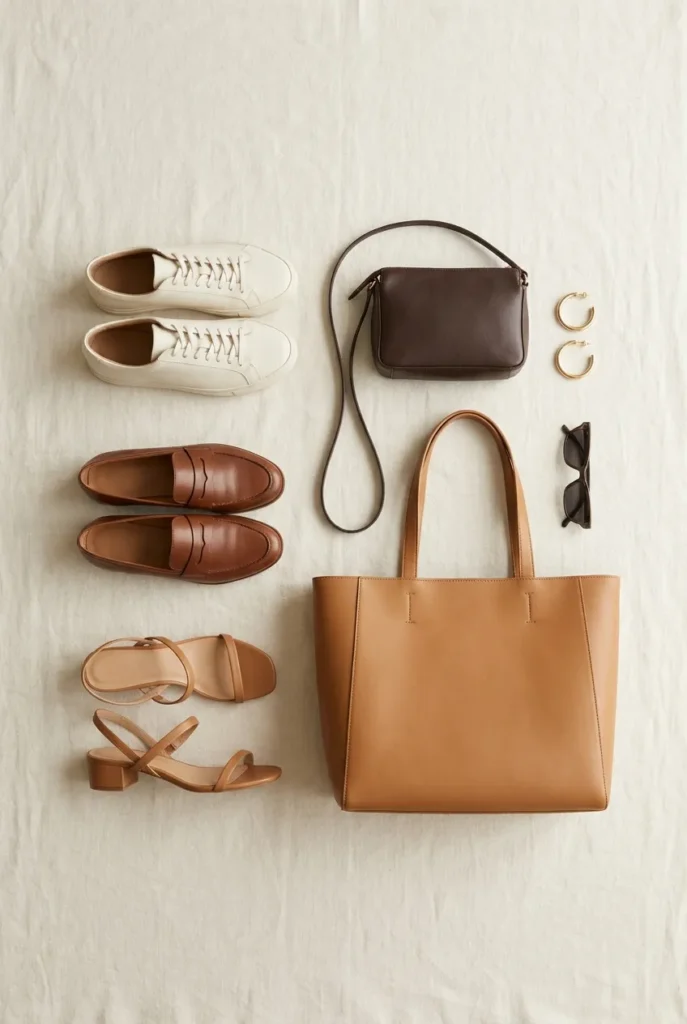 Smart casual shoes and bags flat-lay with sneakers, loafers, sandals, crossbody, and tote.Smart Casual Outfits for Women