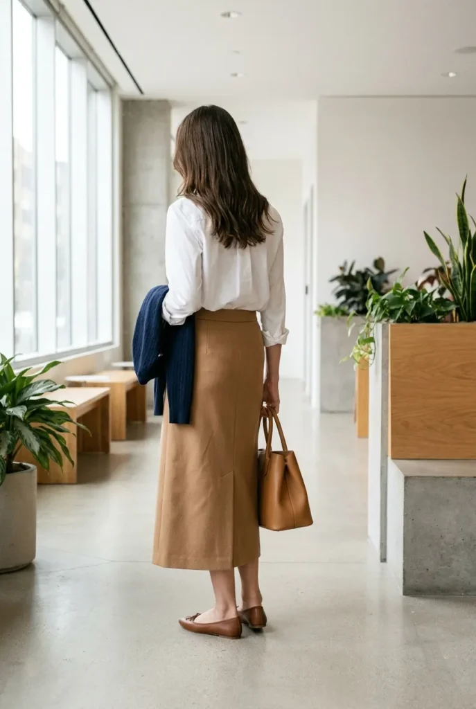 Smart casual work outfit with camel midi skirt, white button-down, and ballet flats.