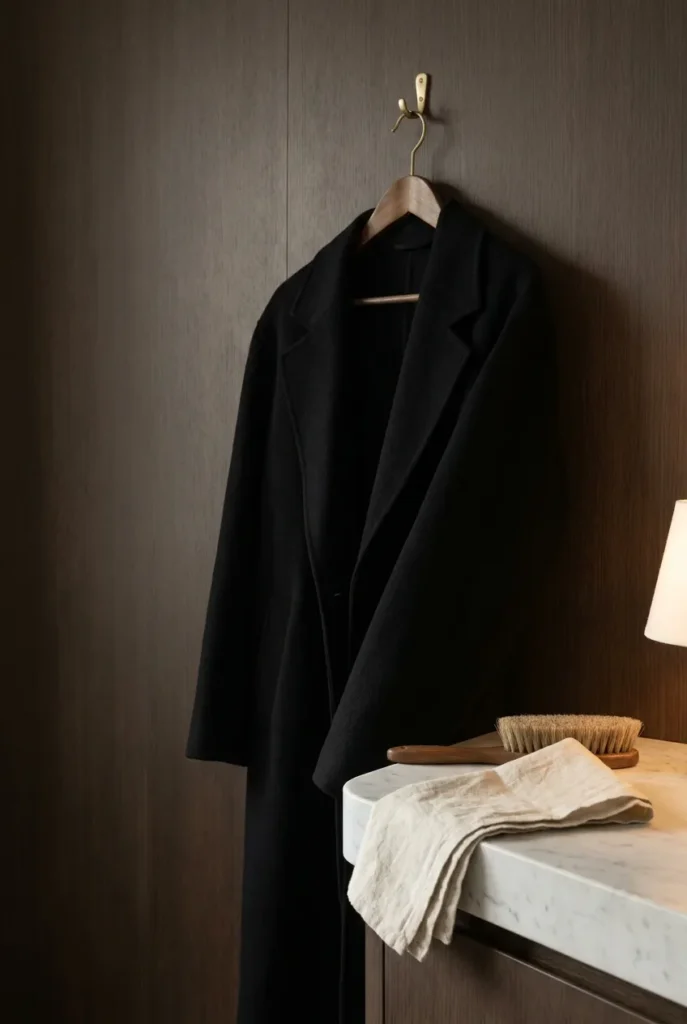 Soft black wool coat on a wooden hanger with a clothes brush on marble