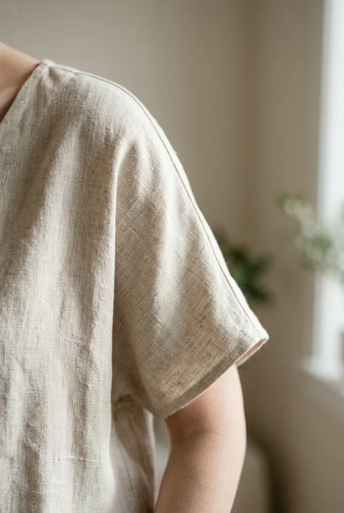 Soft linen fabric draping to show texture in a Japanese minimalist outfit