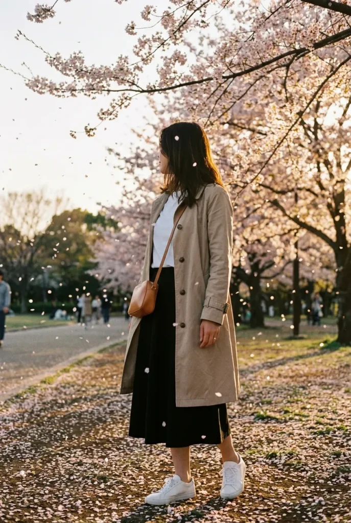 Spring Japan capsule outfit with trench and midi skirt under cherry blossoms