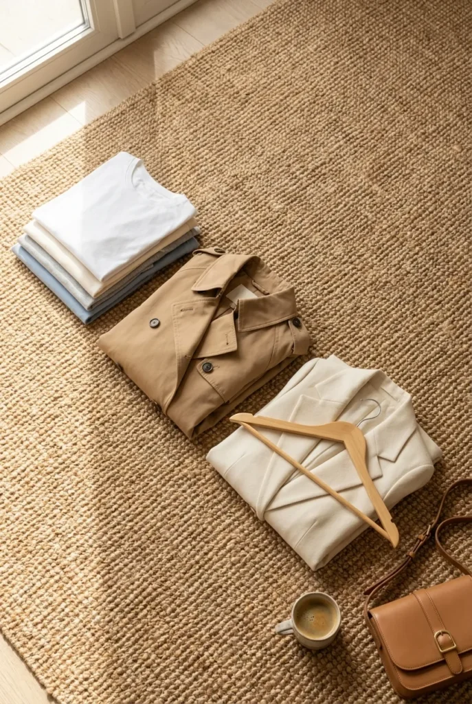 Spring capsule pieces grouped by price tier from basic tees to a structured cream blazer.