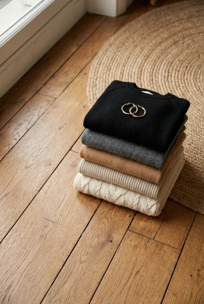 Stack of neutral winter capsule sweaters in cream, oat, camel, and black on a wood floor.