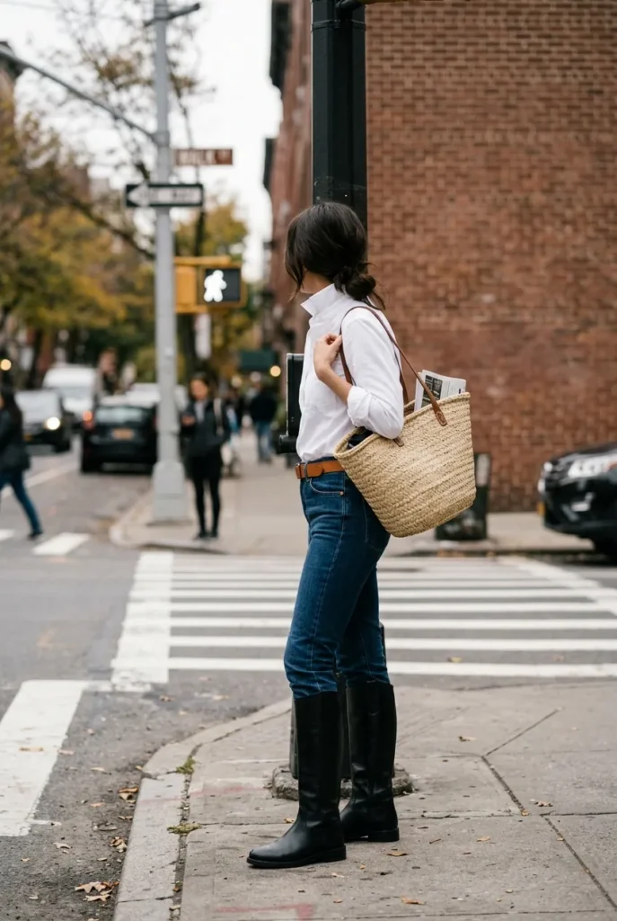 Straight-leg jeans tucked into black knee-high boots with a white button-down and tote bag.