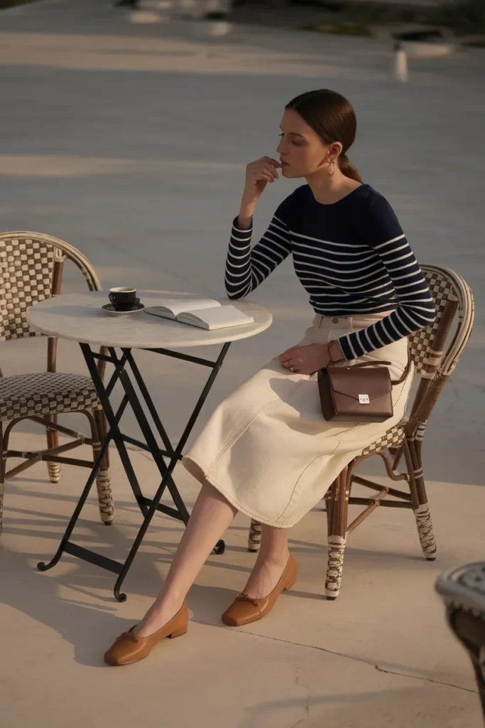 Striped tee and ecru denim midi skirt outfit with ballet flats and crossbody bag.