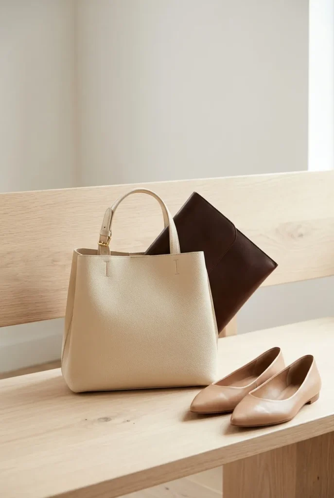 Structured cream handbag and pointed nude flats styled for a job interview