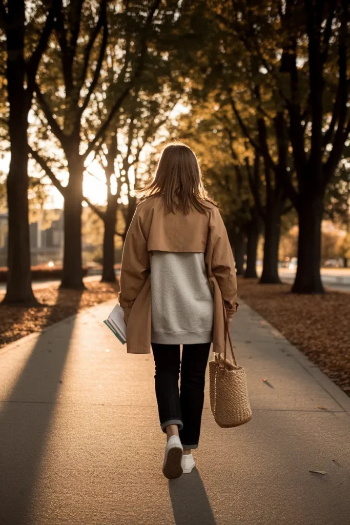 Student in a camel trench over a gray sweatshirt walking to class in golden hour light