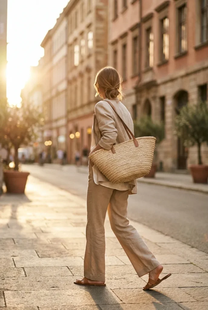 Summer job interview outfit in a light linen blazer and tailored trousers