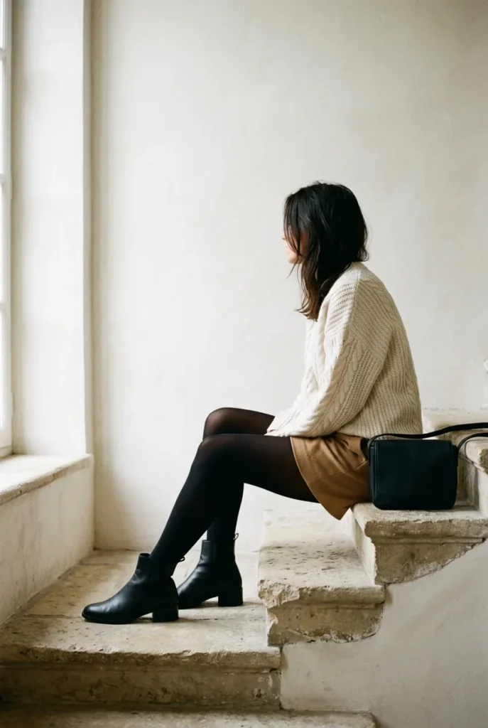 Tailored shorts with tights and black ankle boots for transitional fall weather
