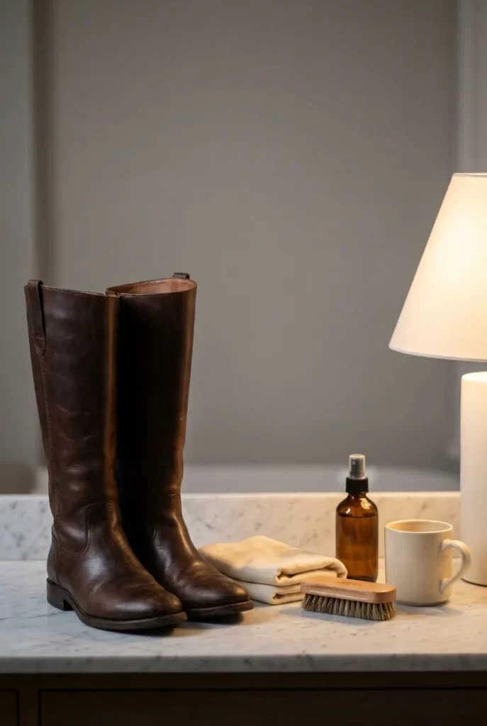 Tall brown leather boots being cared for with a brush and protectant spray.
