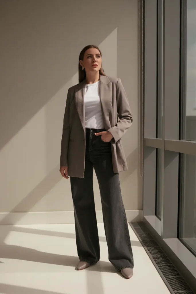 Taupe blazer over white tee with black wide-leg jeans and loafers for the office.