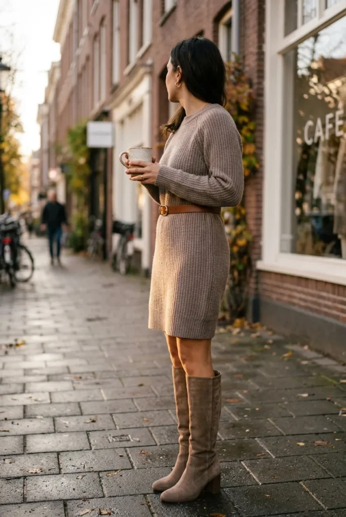 Taupe ribbed sweater dress belted at the waist with matching tall suede knee-high boots.