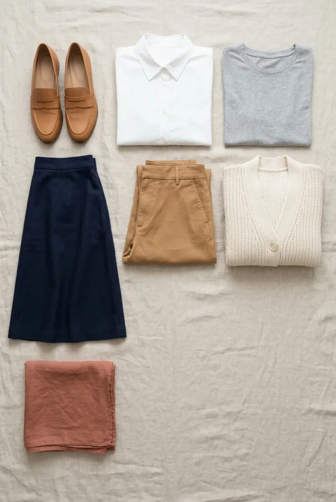 Teacher capsule wardrobe flat lay with neutral tops, trousers, and midi skirt