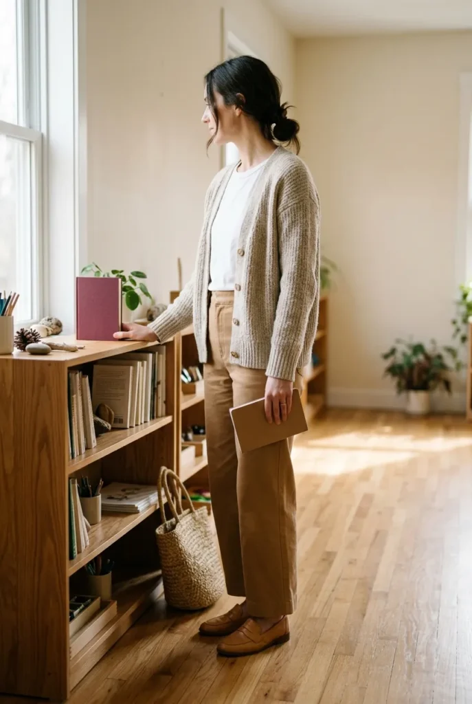Teacher outfits capsule look with oat cardigan, white tee, and camel wide-leg trousers