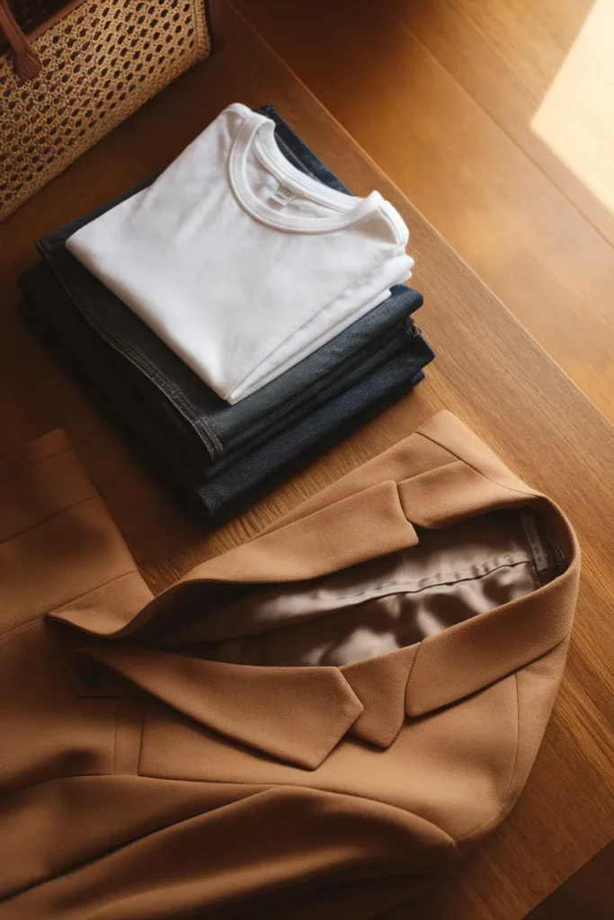 Tee, denim, and wool blazer showing capsule wardrobe price tiers from mass to contemporary