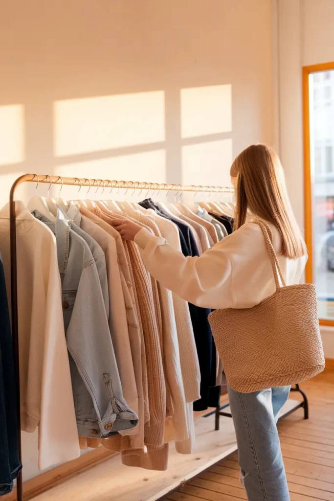 Teenage girl thrifting neutral basics for a capsule wardrobe on a budget