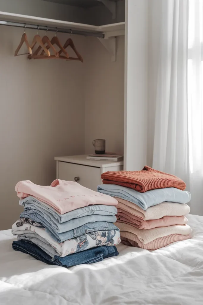 Teenage girl's closet edit in progress with keep, store, and donate piles folded on the bed