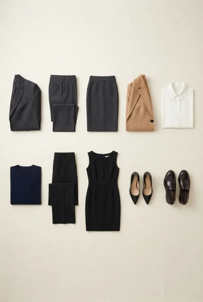 Ten-piece formal office capsule wardrobe flat lay in neutral colors.