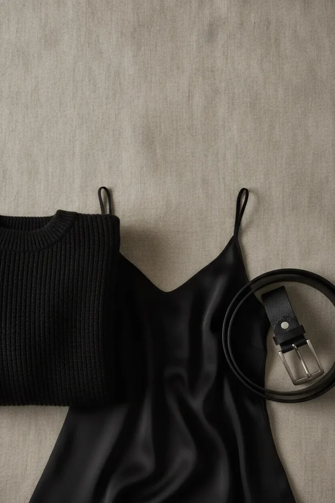 Three black fabric textures knit silk and leather in a flat lay showing contrast