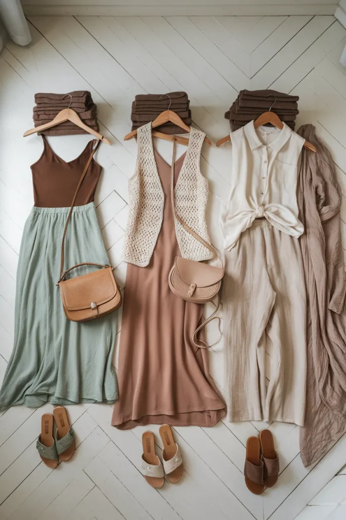 Three boho outfit formulas from a 12 piece capsule wardrobe laid out side by side