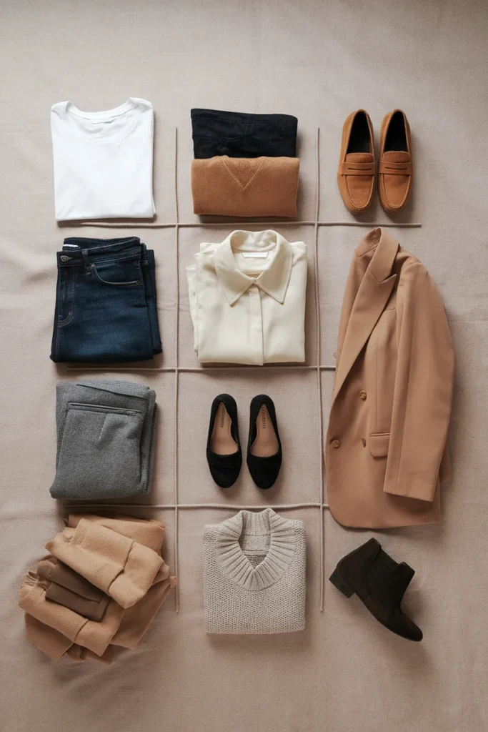 Three by four closet map grid of capsule wardrobe pieces folded on oat linen