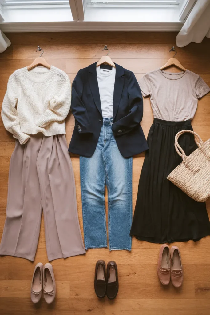 Three capsule wardrobe outfit formulas laid flat, built from a style vision board