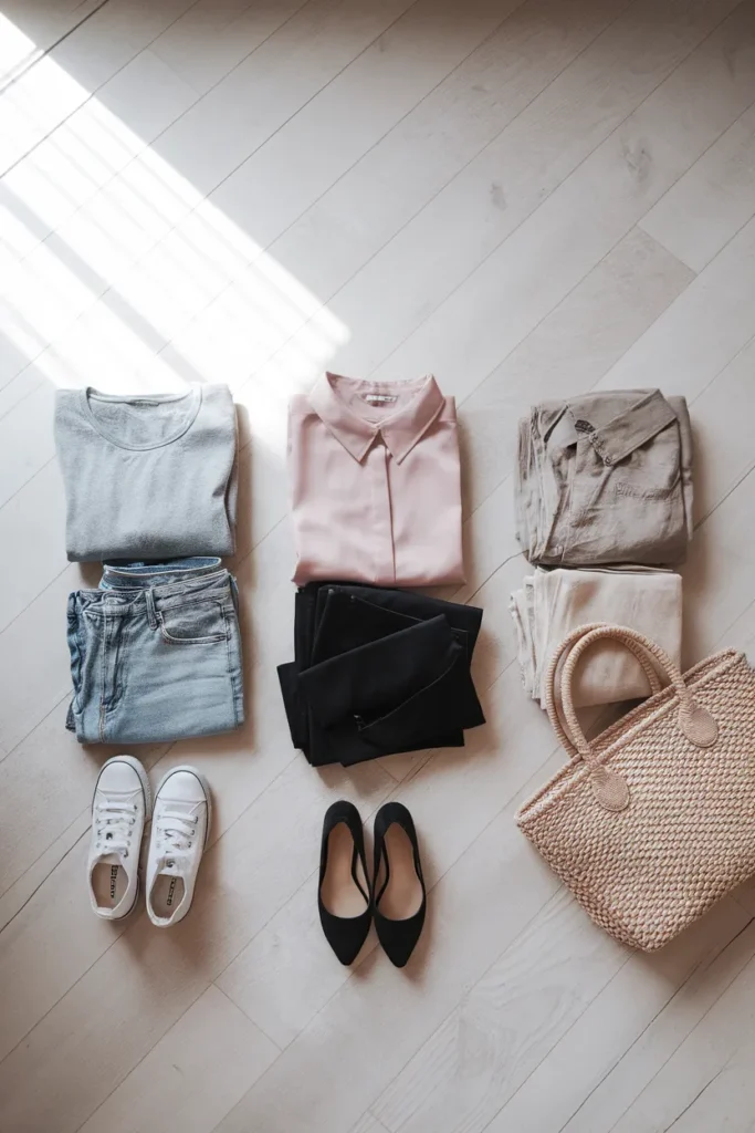 Three capsule wardrobe template variations for everyday, work, and travel side by side