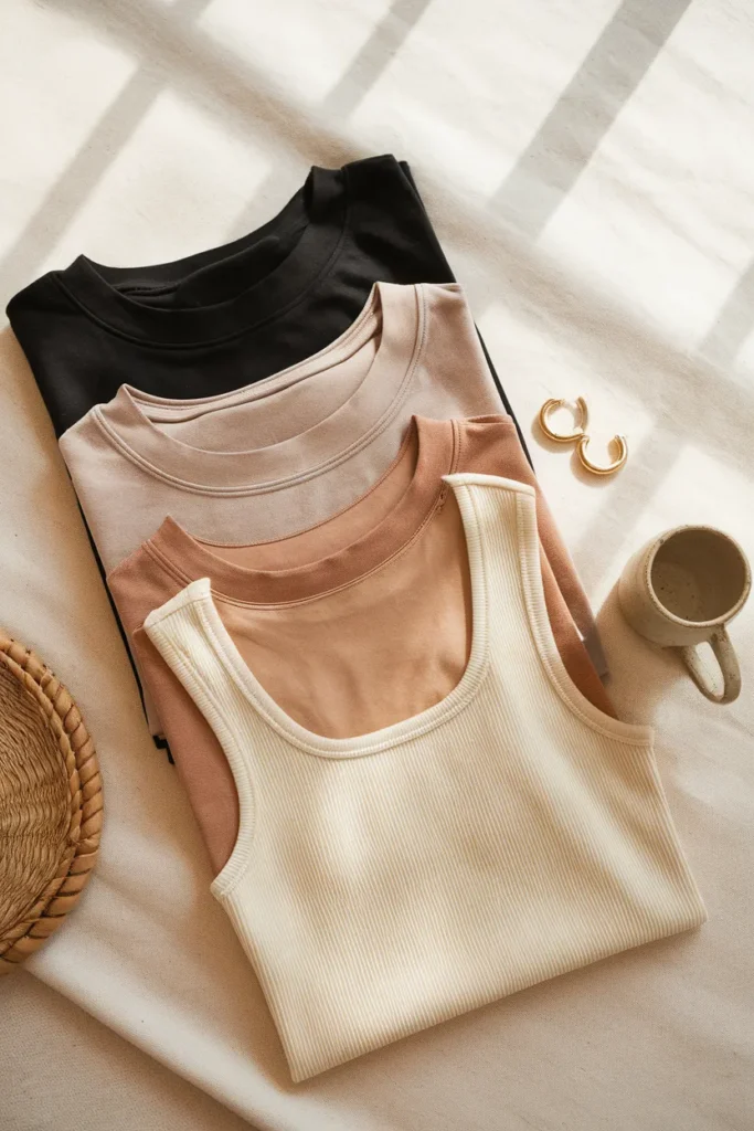 Three capsule wardrobe tops showing high, mid, and low neckline heights in a flat lay
