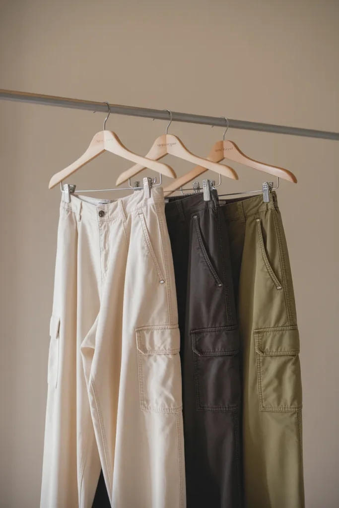 Three cargo pant cuts compared on wooden hangers in ivory, black, and olive