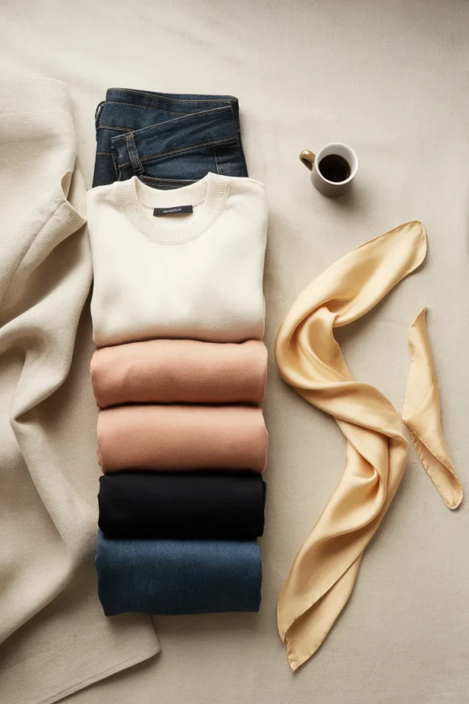 Three color capsule palette in ivory, camel, and black with a butter yellow accent