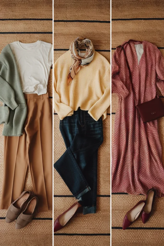 Three colorful capsule wardrobe outfit formulas, neutral column, echo sandwich, and print with pulled colors.