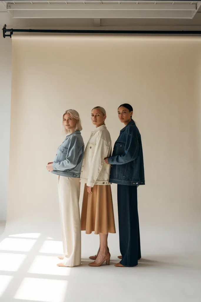 Three denim jacket lengths shown on different body shapes with cropped, waist, and hip hems