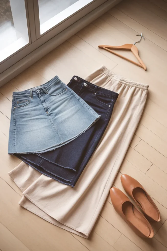 Three denim skirt lengths, mini, midi, and maxi, folded in a neutral flat lay.