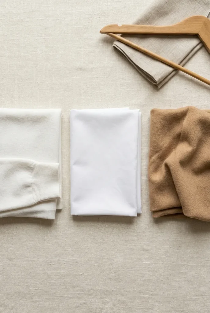 Three folded fabric swatches showing cotton knit, poplin, and wool for elevated basics