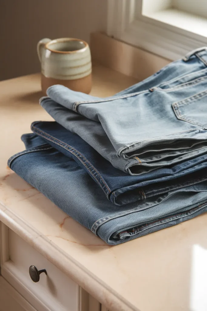 Three folded pairs of baggy jeans in graduated washes stacked on a marble surface