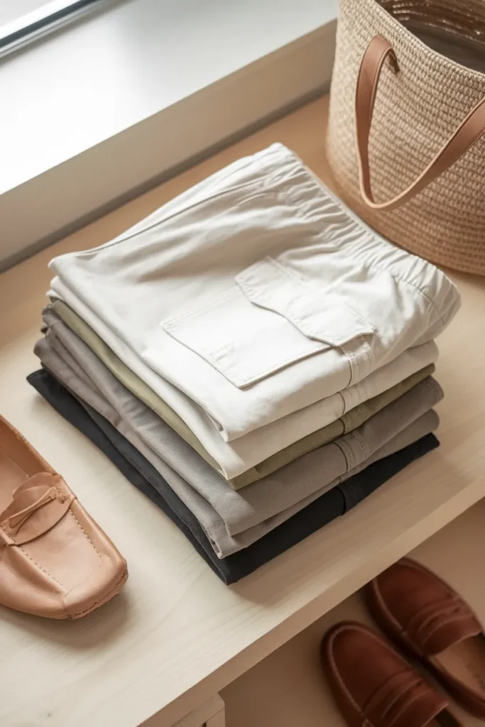 Three folded pairs of cargo pants in ivory, olive, and black with loafers and a woven tote. How to Style Cargo Pants for Women