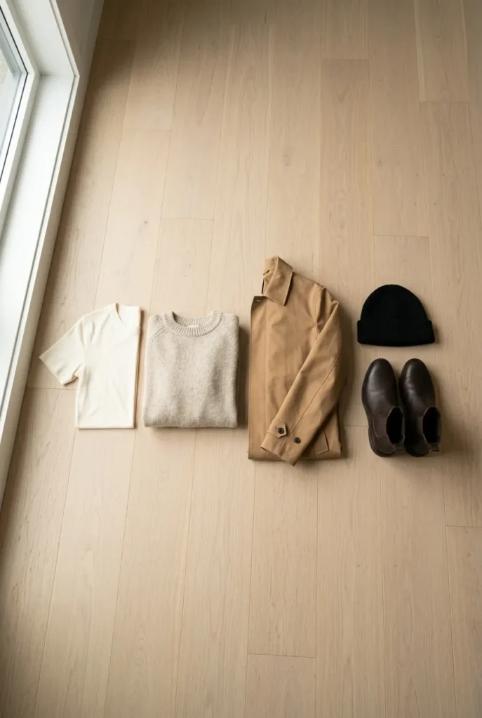 Three-layer Scotland packing system flat-lay in neutral tones