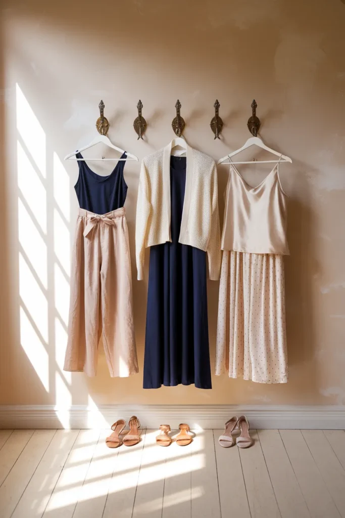Three mix and match cruise outfits from one capsule wardrobe hanging on brass hooks