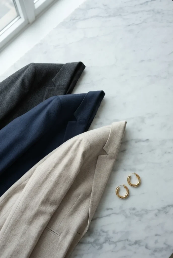 Three neutral blazers for a business professional wardrobe in charcoal, navy, and oat.